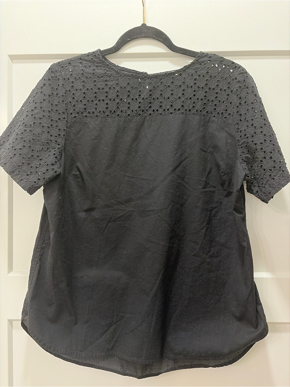 L.L. Bean Black Lightweight Preppy Versatile Eyelet Yoke Short Sleeve Top